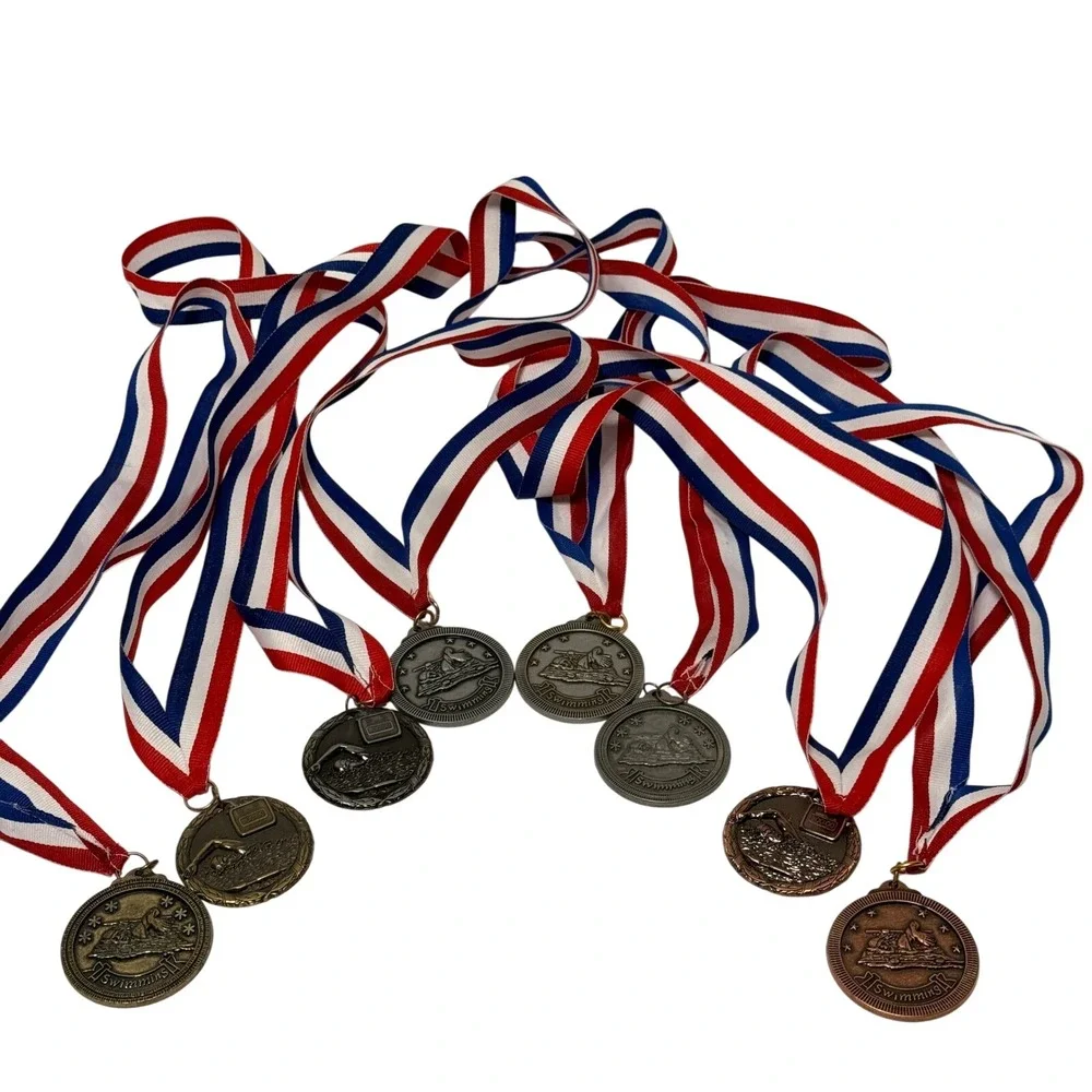 Lot‎ of 8 Swimming Competition Medals Gold Silver Bronze Red White Blue Ribbons